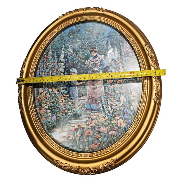 Victorian Style Oval Framed Floral Garden Scene Print With Gold Ornate Frame - Picture 3 of 11